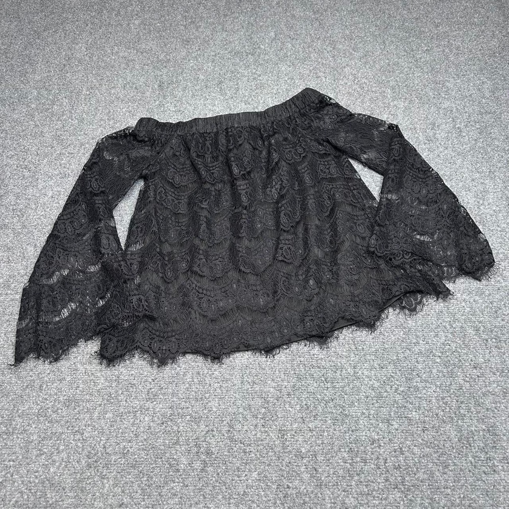 Love Fire black lace off the shoulder top with bell sleeves. Size: Extra Small